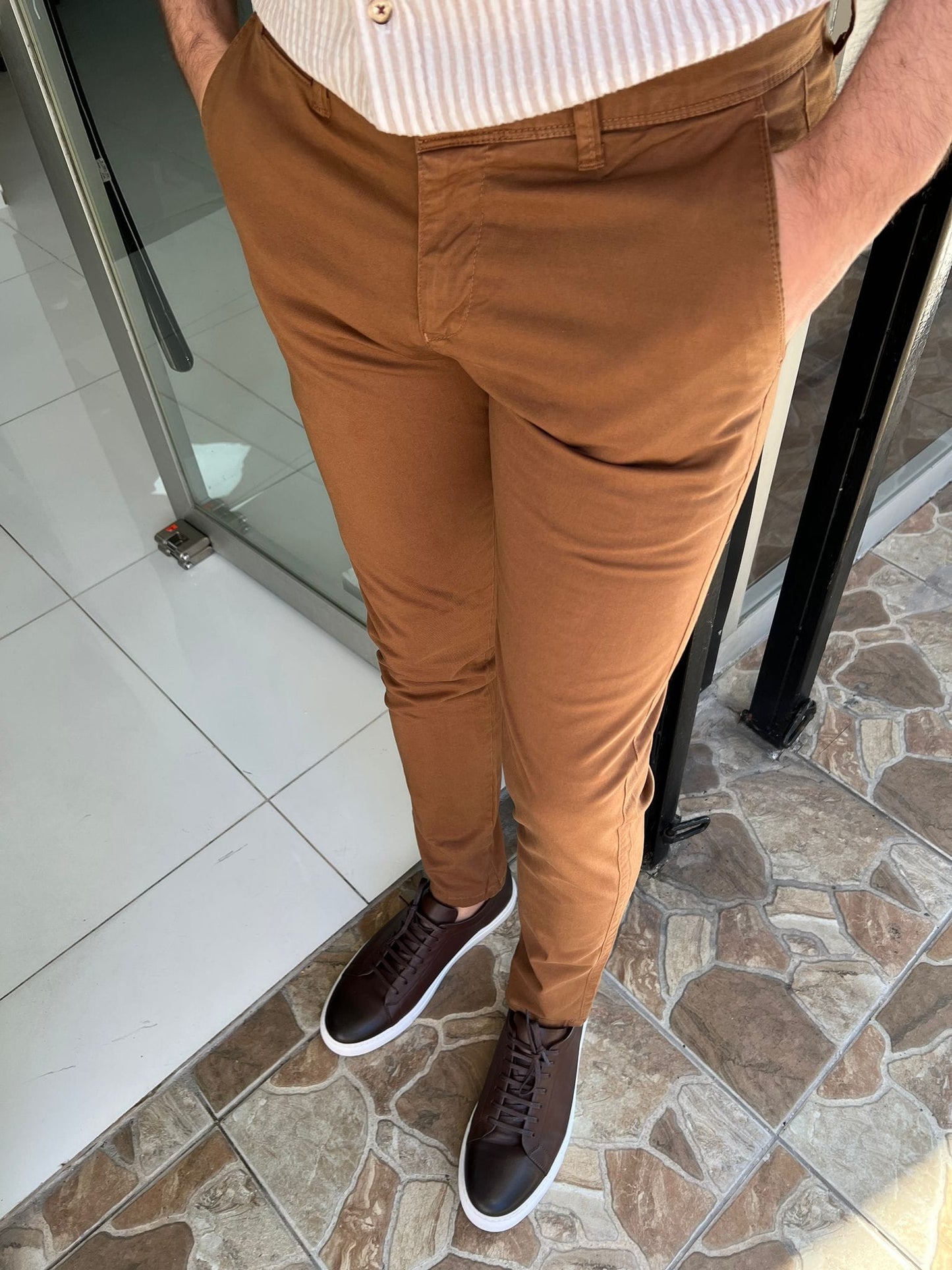 Slim Fit Striped Fabric Camel Pants – OUTFITLIFT