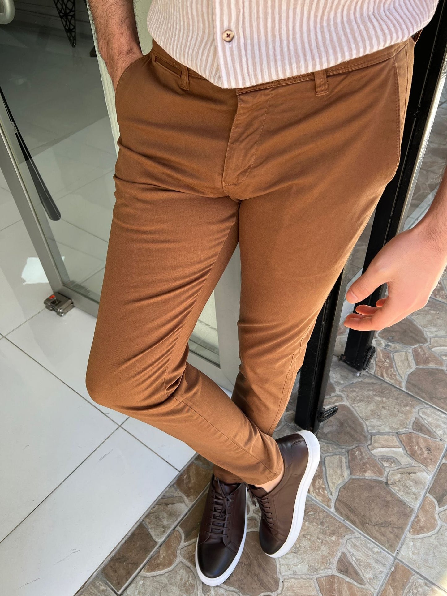 Slim Fit Cotton Camel Pants - OUTFITLIFT