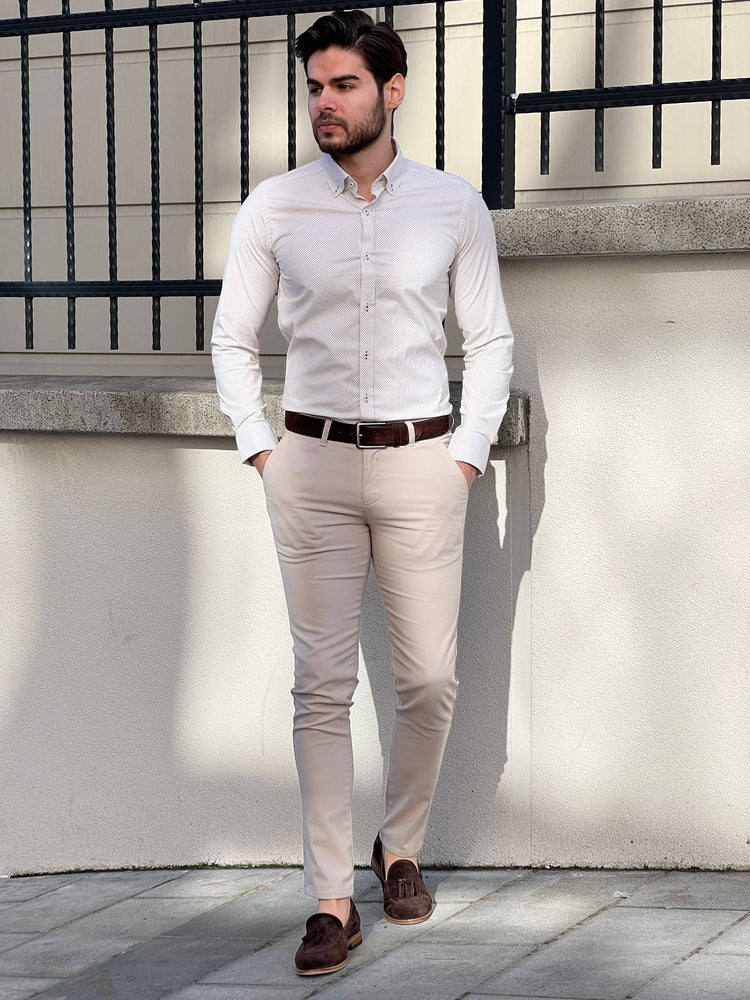 
                  
                    Slim Fit Patterned Cotton Beige Shirt - OUTFITLIFT
                  
                
