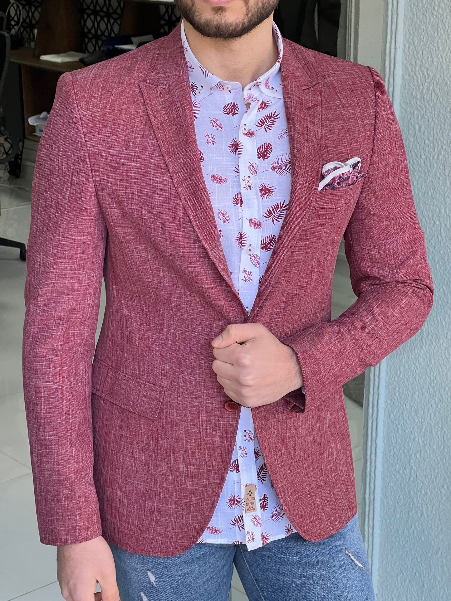 
                  
                    Slim Fit Self-Patterned Red Cotton Jacket - OUTFITLIFT
                  
                