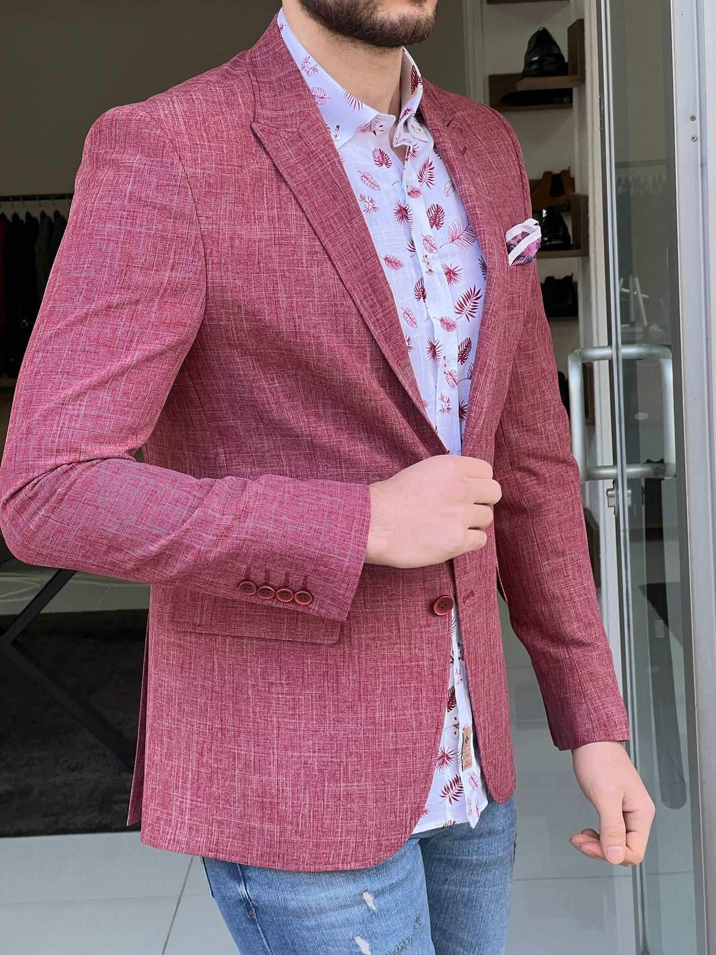 Slim Fit Self-Patterned Red Cotton Jacket - OUTFITLIFT