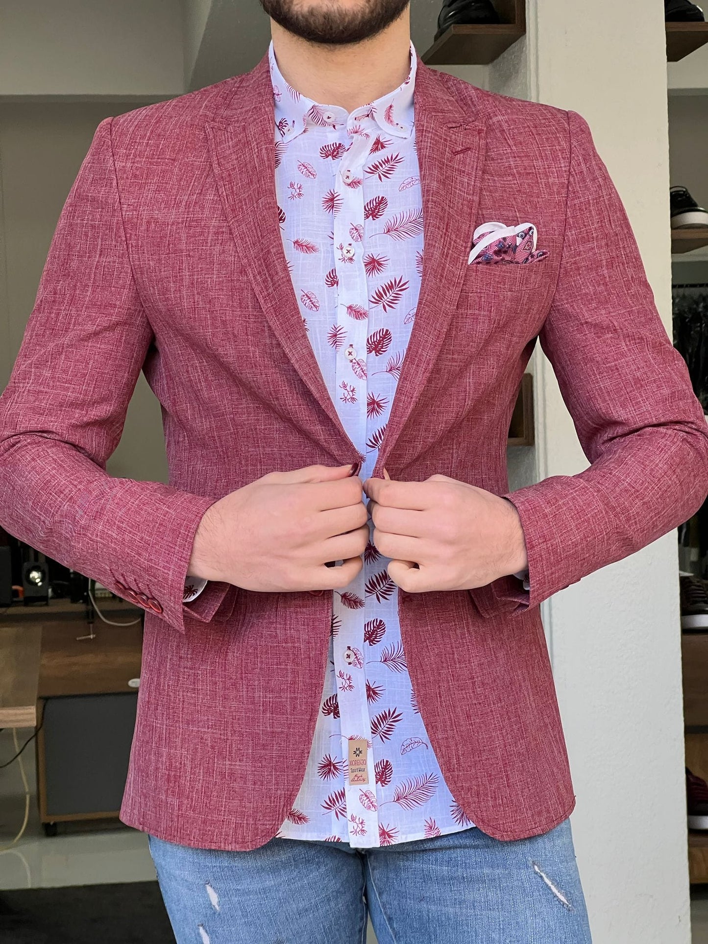 
                  
                    Slim Fit Self-Patterned Red Cotton Jacket - OUTFITLIFT
                  
                