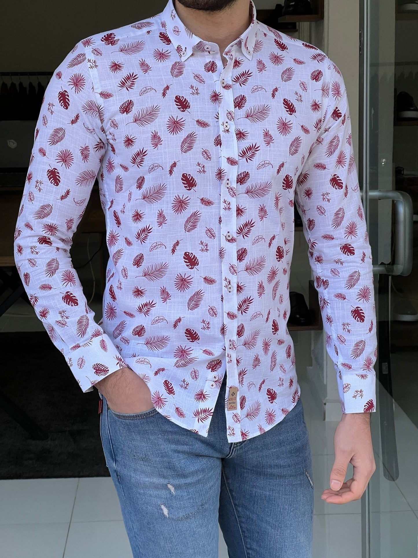 Slim Fit Leaf Pattern Claret-red Cotton Shirt - OUTFITLIFT