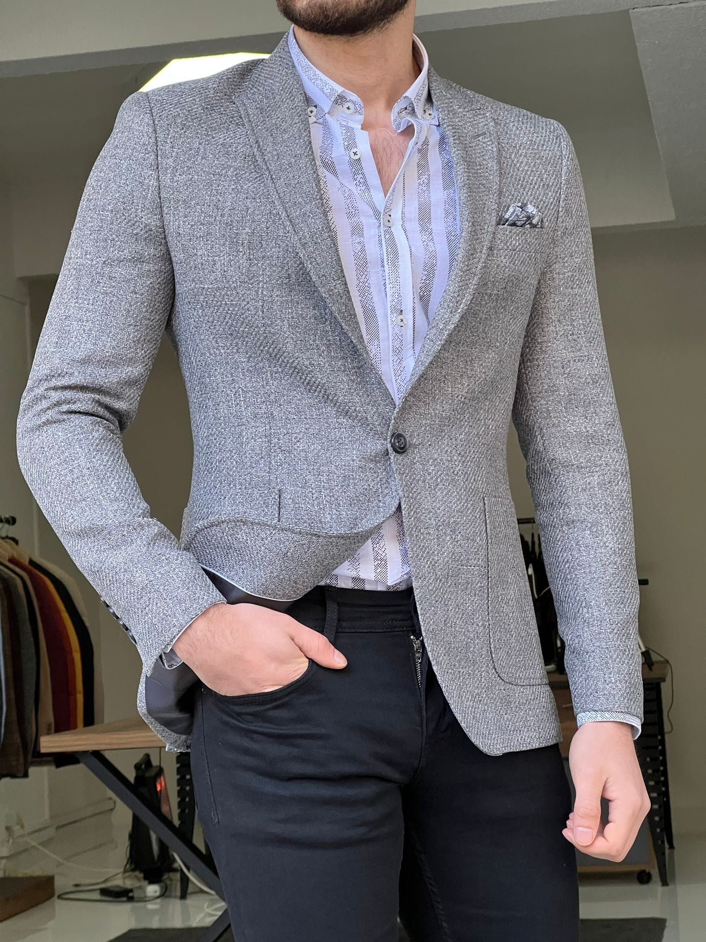 
                  
                    Slim Fit Self-Patterned Grey Jacket - OUTFITLIFT
                  
                