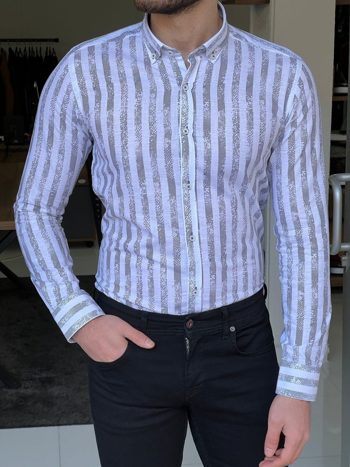 
                  
                    Slim Fit Striped White & Black Cotton Shirt - OUTFITLIFT
                  
                