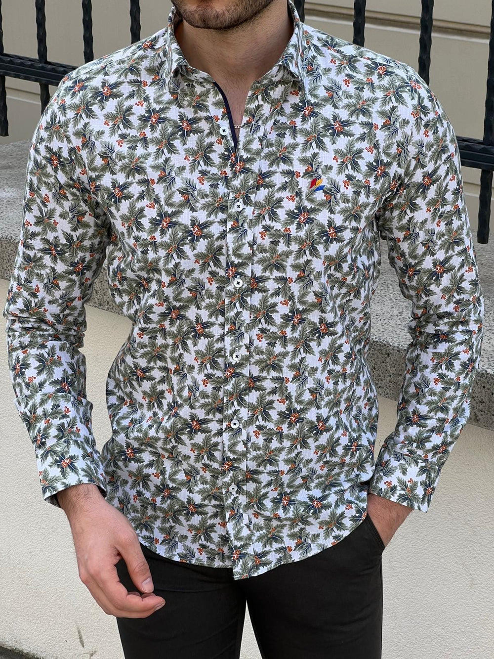 Slim Fit Patterned Cotton Green Shirt - OUTFITLIFT