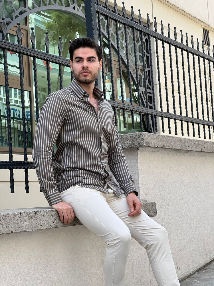 
                  
                    Slim Fit Striped Cotton Khaki Shirt - OUTFITLIFT
                  
                