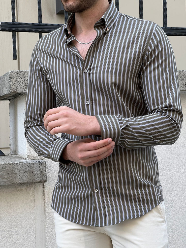 
                  
                    Slim Fit Striped Cotton Khaki Shirt - OUTFITLIFT
                  
                