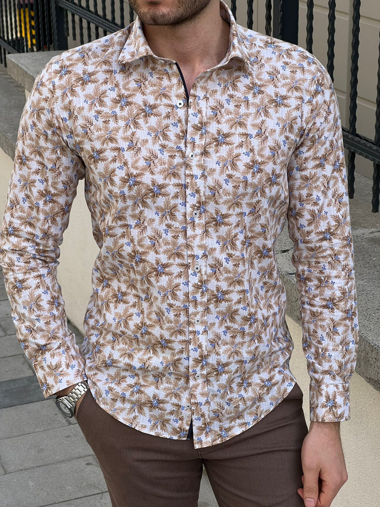 Slim Fit Patterned Cotton Beige Shirt - OUTFITLIFT