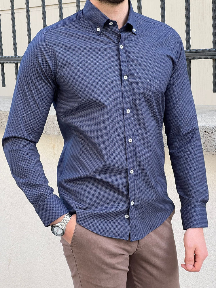 Slim Fit Patterned Cotton Navy blue Shirt - OUTFITLIFT