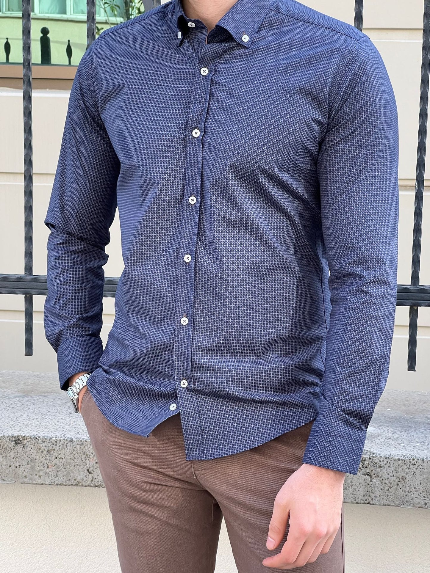 
                  
                    Slim Fit Patterned Cotton Navy blue Shirt - OUTFITLIFT
                  
                