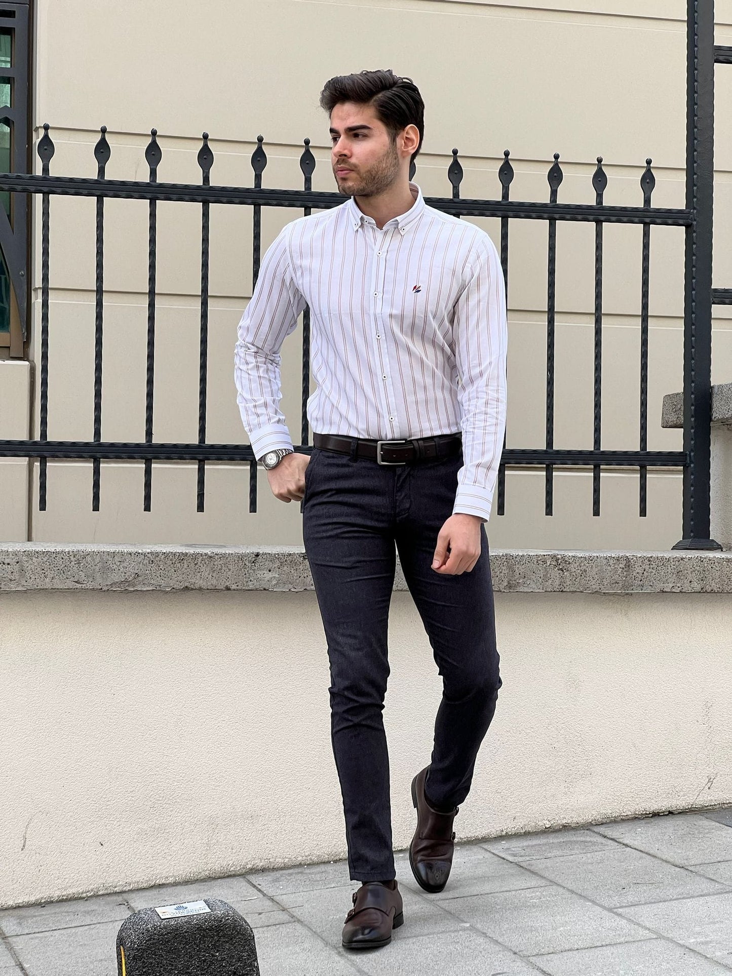 
                  
                    Slim Fit Striped Cotton White & Beige Shirt - OUTFITLIFT
                  
                