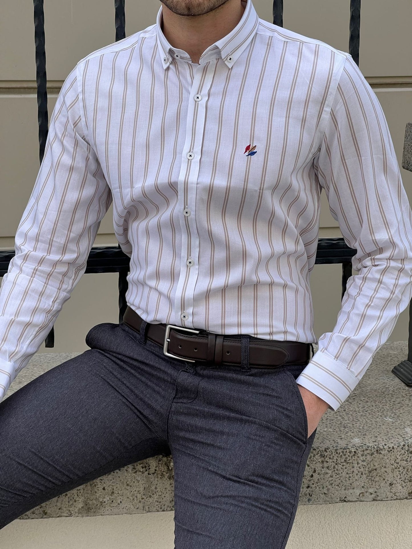 
                  
                    Slim Fit Striped Cotton White & Beige Shirt - OUTFITLIFT
                  
                