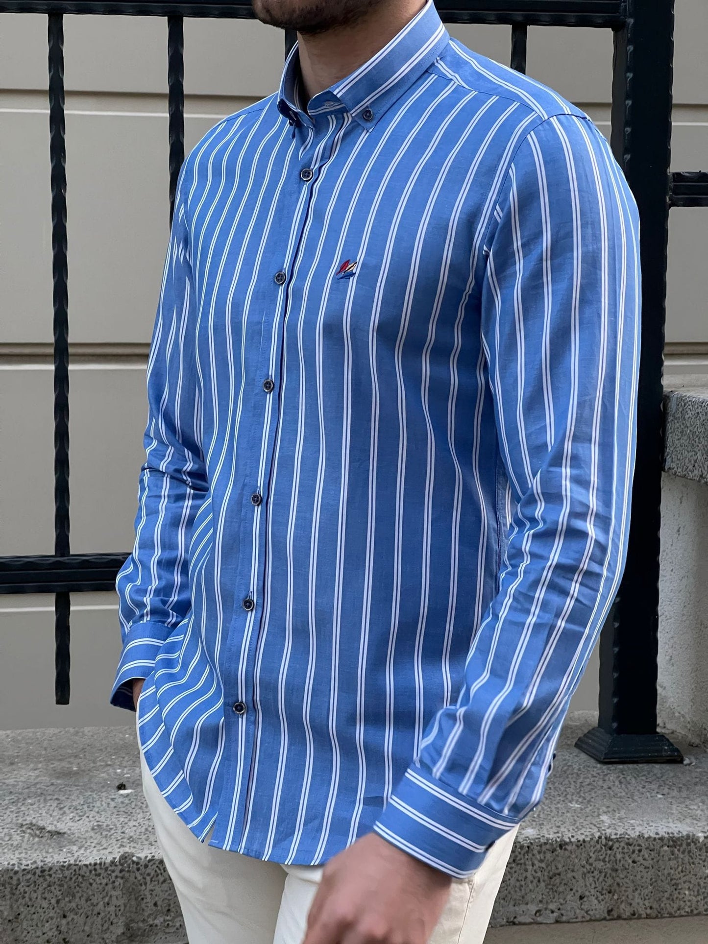 
                  
                    Slim Fit Striped Cotton Blue Shirt - OUTFITLIFT
                  
                