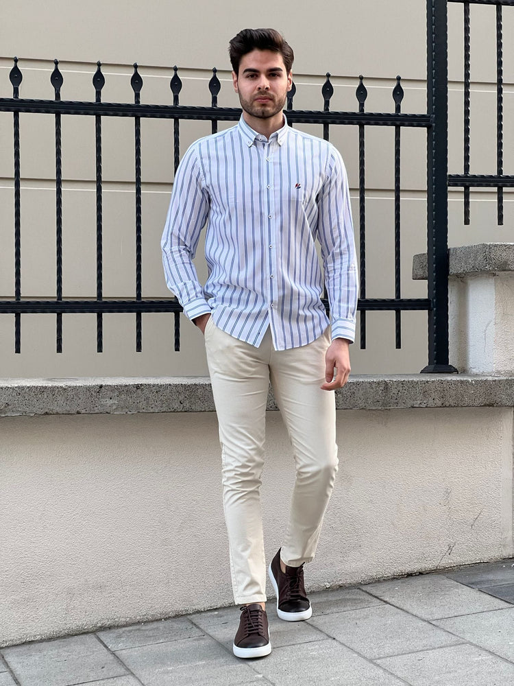 
                  
                    Slim Fit Striped Cotton White & Blue Shirt - OUTFITLIFT
                  
                
