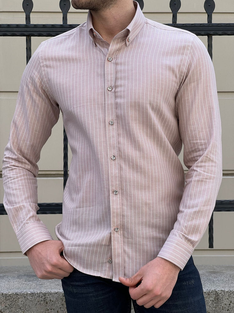 Slim Fit Striped Cotton Beige Shirt - OUTFITLIFT