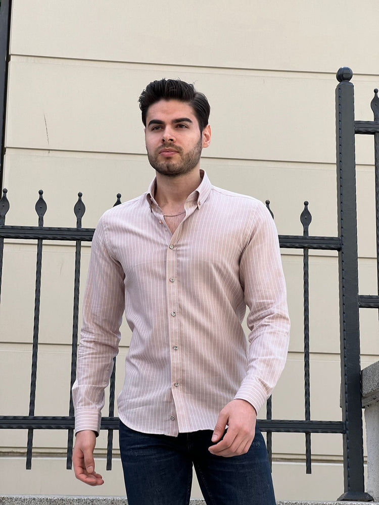 
                  
                    Slim Fit Striped Cotton Beige Shirt - OUTFITLIFT
                  
                
