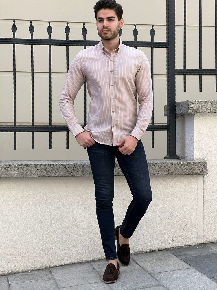 
                  
                    Slim Fit Striped Cotton Beige Shirt - OUTFITLIFT
                  
                