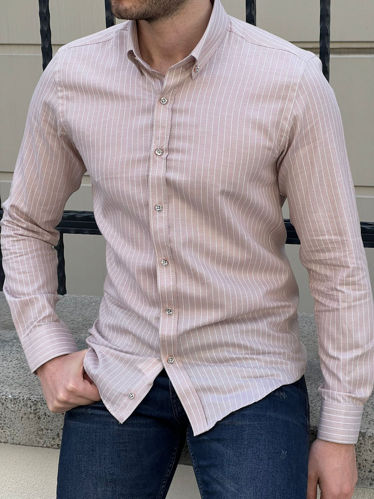 Slim Fit Striped Cotton Beige Shirt - OUTFITLIFT