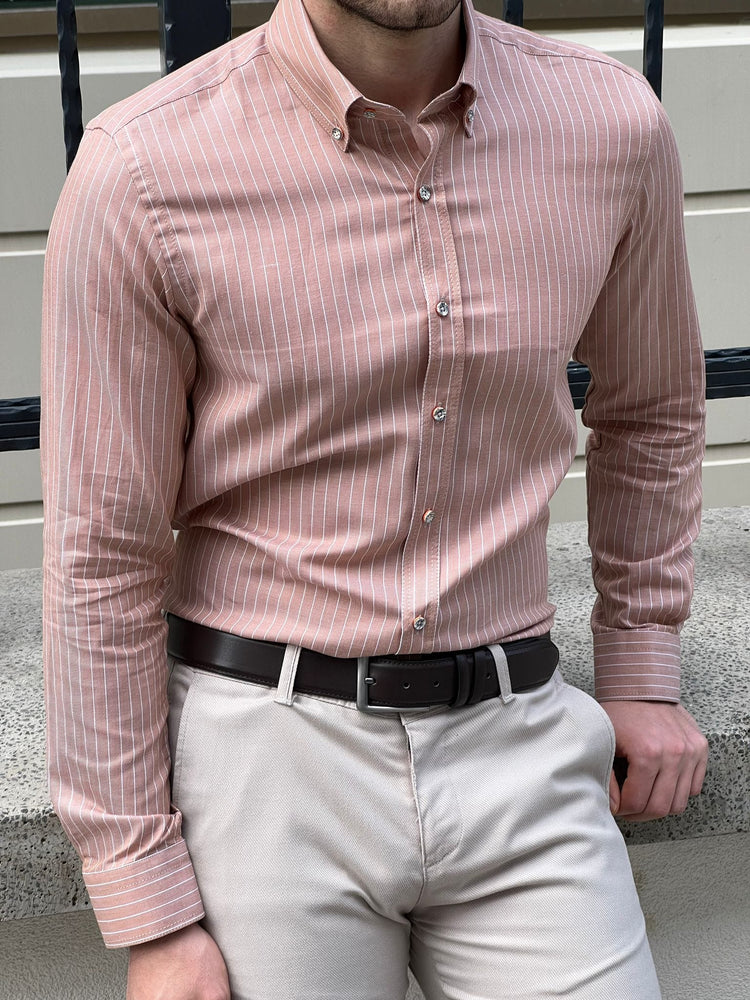 
                  
                    Slim Fit Striped Cotton Salmon Shirt - OUTFITLIFT
                  
                