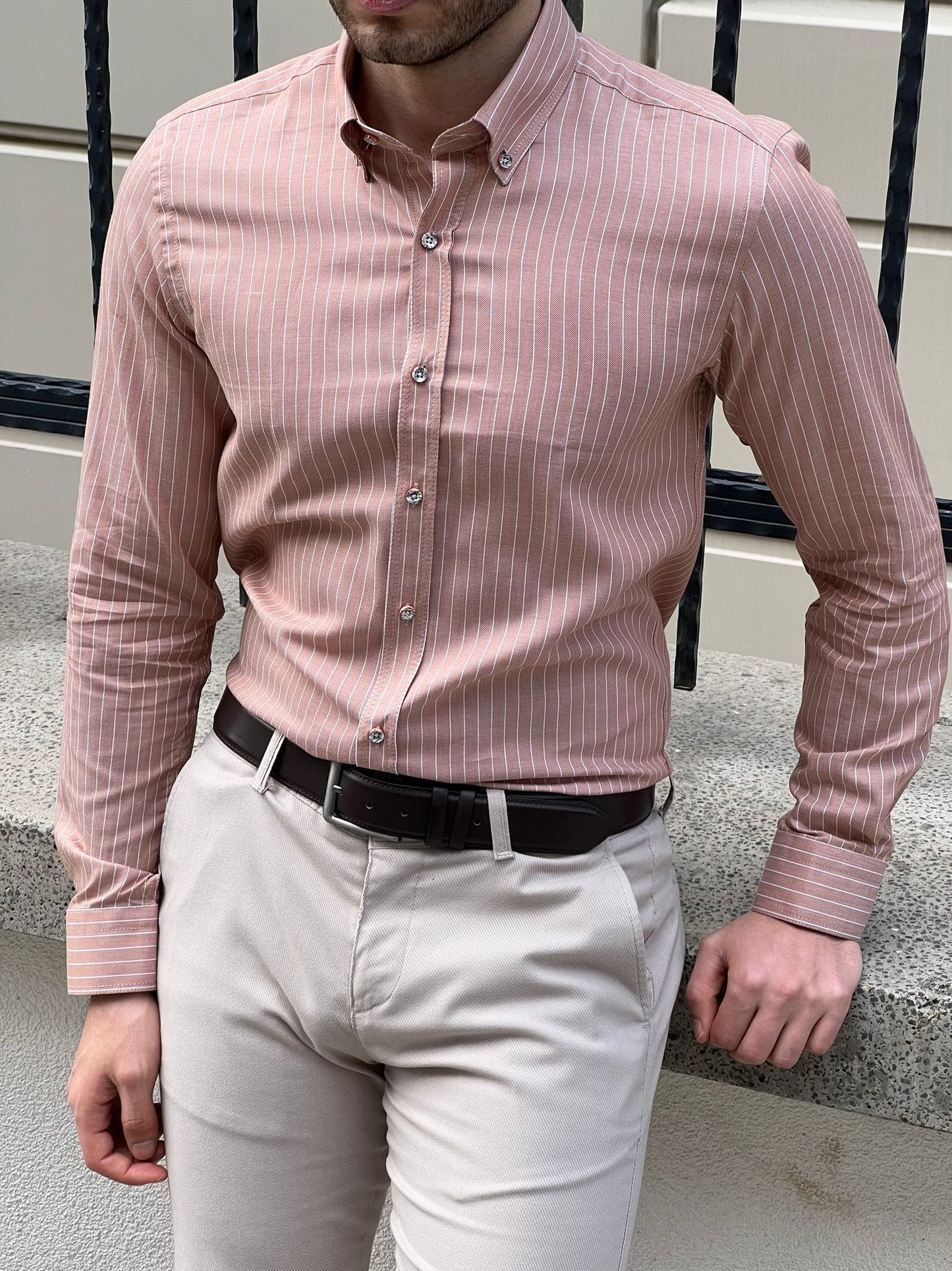 
                  
                    Slim Fit Striped Cotton Salmon Shirt - OUTFITLIFT
                  
                