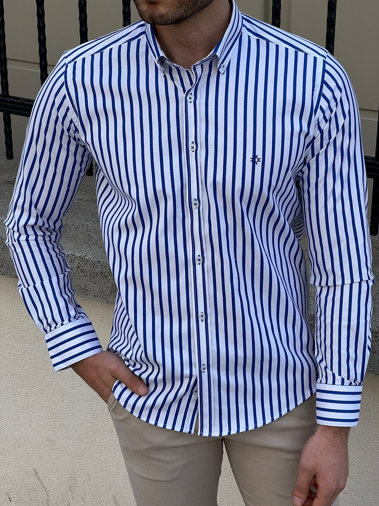 Slim Fit Striped Cotton White & Sax Shirt - OUTFITLIFT