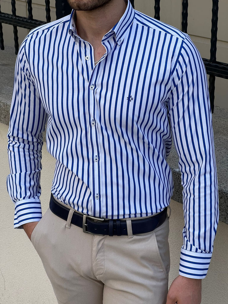 Slim Fit Striped Cotton White & Sax Shirt - OUTFITLIFT