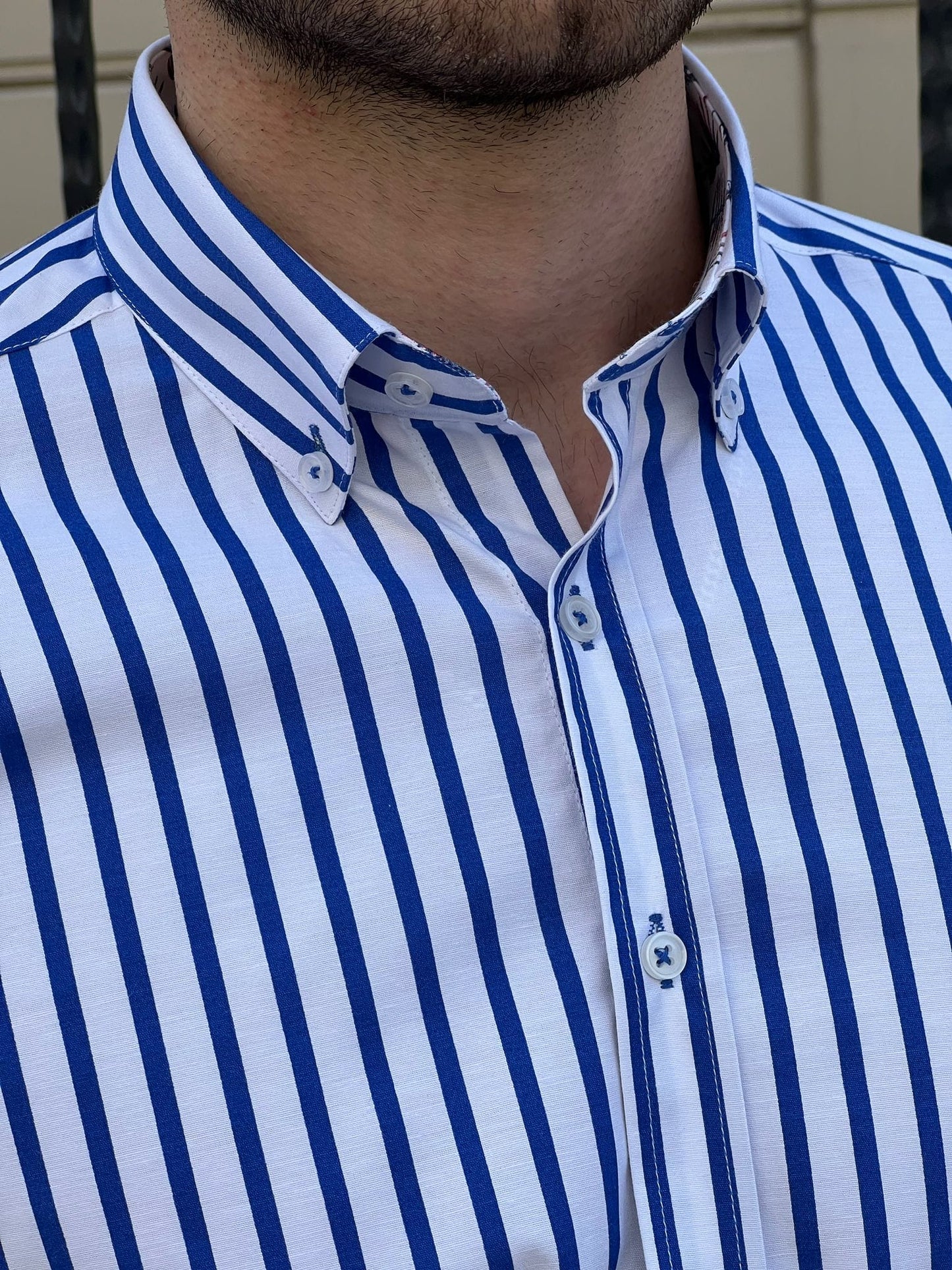 
                  
                    Slim Fit Striped Cotton White & Sax Shirt - OUTFITLIFT
                  
                