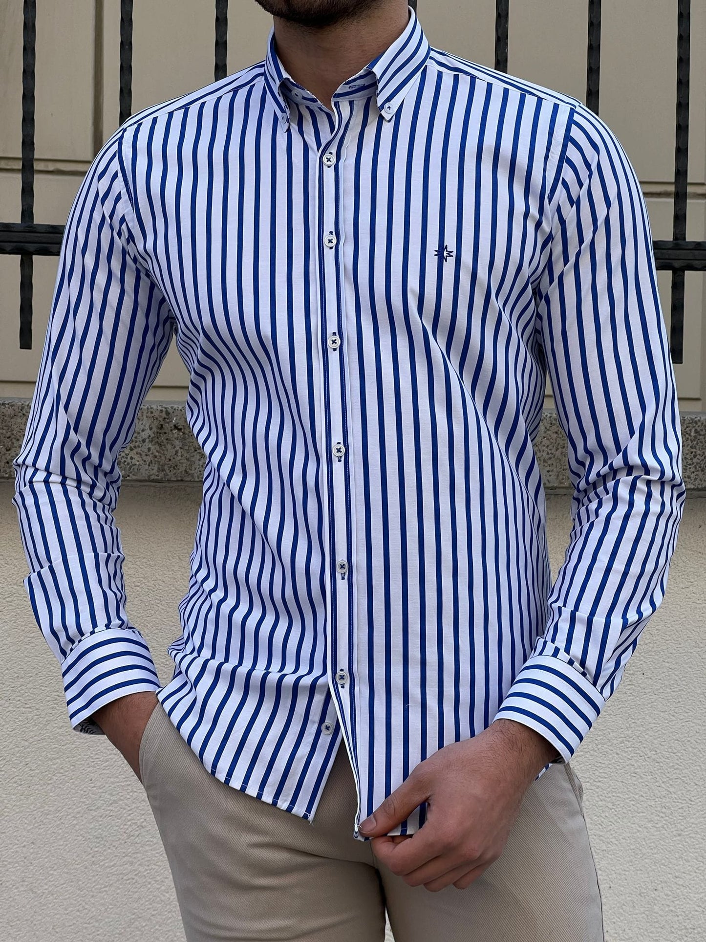 
                  
                    Slim Fit Striped Cotton White & Sax Shirt - OUTFITLIFT
                  
                