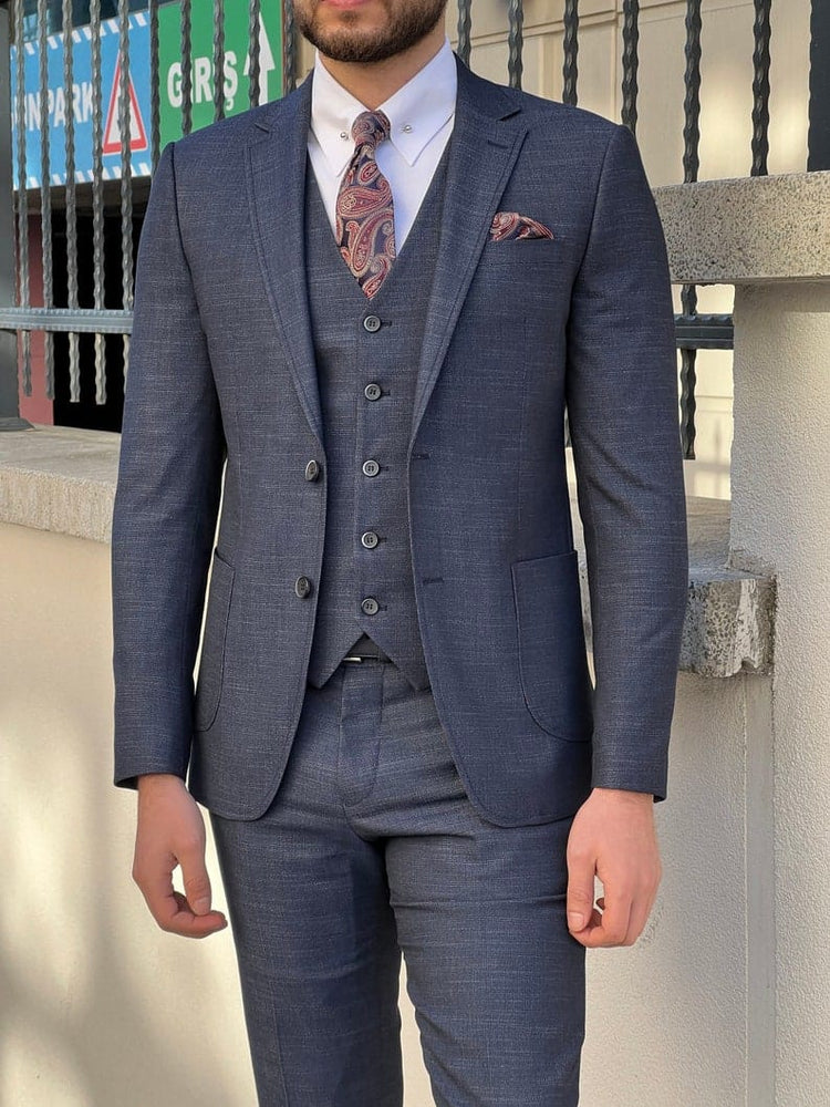 Slim Fit Mens Wedding Suit Navy Blue Wool Tuxedo