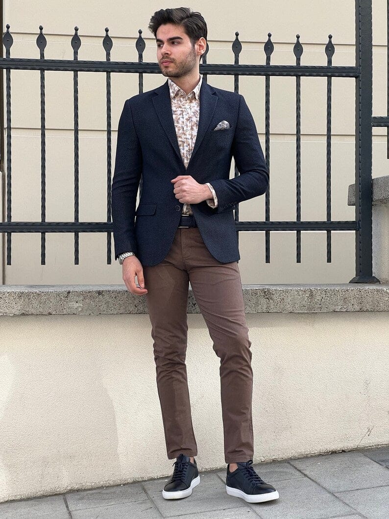 Business Casual Blue Jacket with Brown Trousers | Hockerty