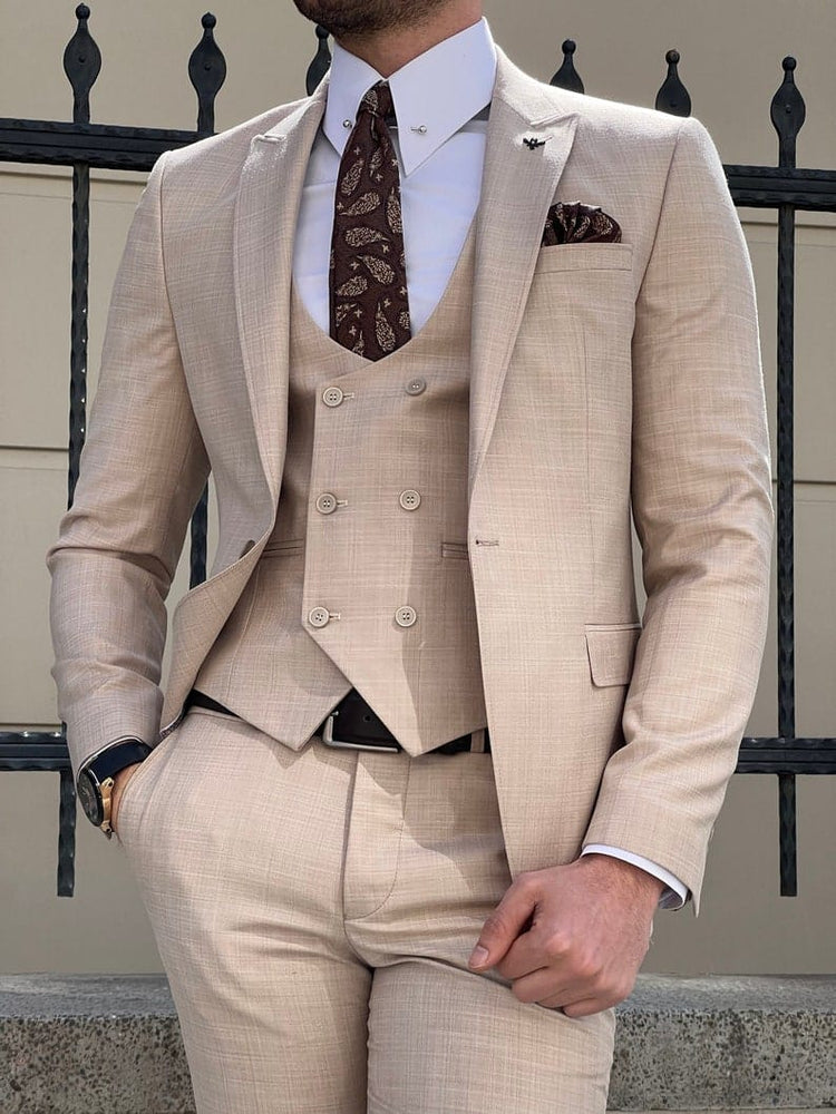 Slim Fit Men's Beige Wedding Vest Suit Tuxedo