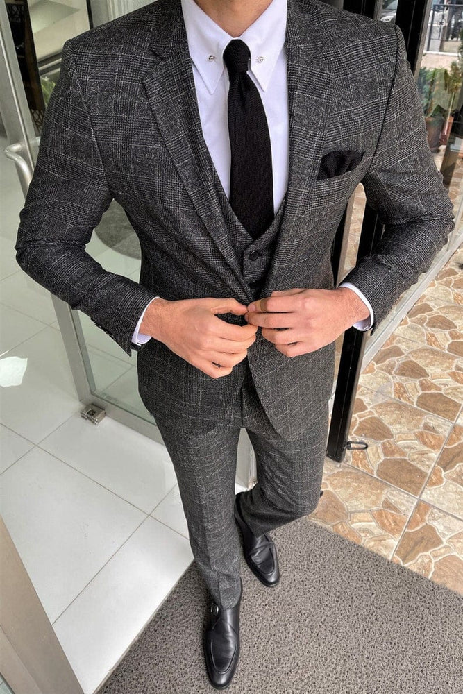 Slim Fit Black Plaid Wool Wedding Suit Tuxedo