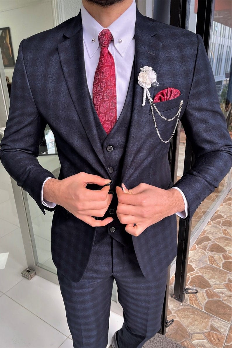 Slim Fit Navy Blue Plaid Wool Wedding Suit Vest