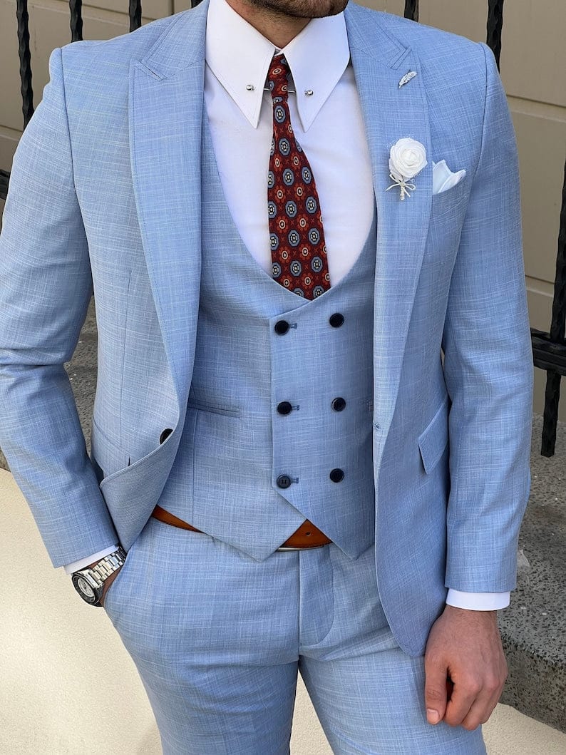 Slim Fit Tuxedo Mens Light Blue Wedding Wool Suit