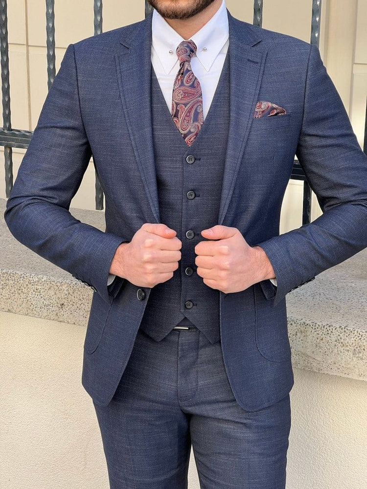 Slim Fit Mens Wedding Suit Navy Blue Wool Tuxedo